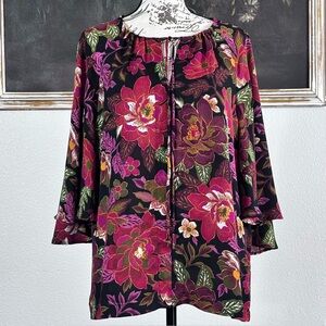 Cynthia Steffe Red Black Floral Flowy Round Neck Half Kimono Sleeve Blouse Sz L